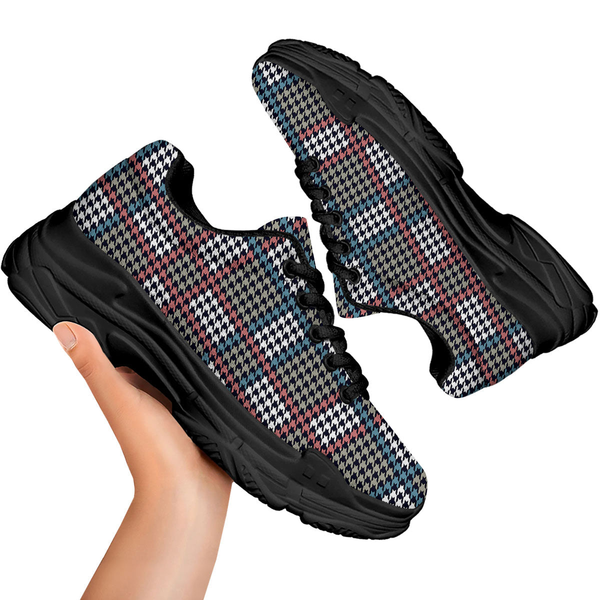 White Houndstooth And Blue Red Print Black Chunky Shoes-grizzshop