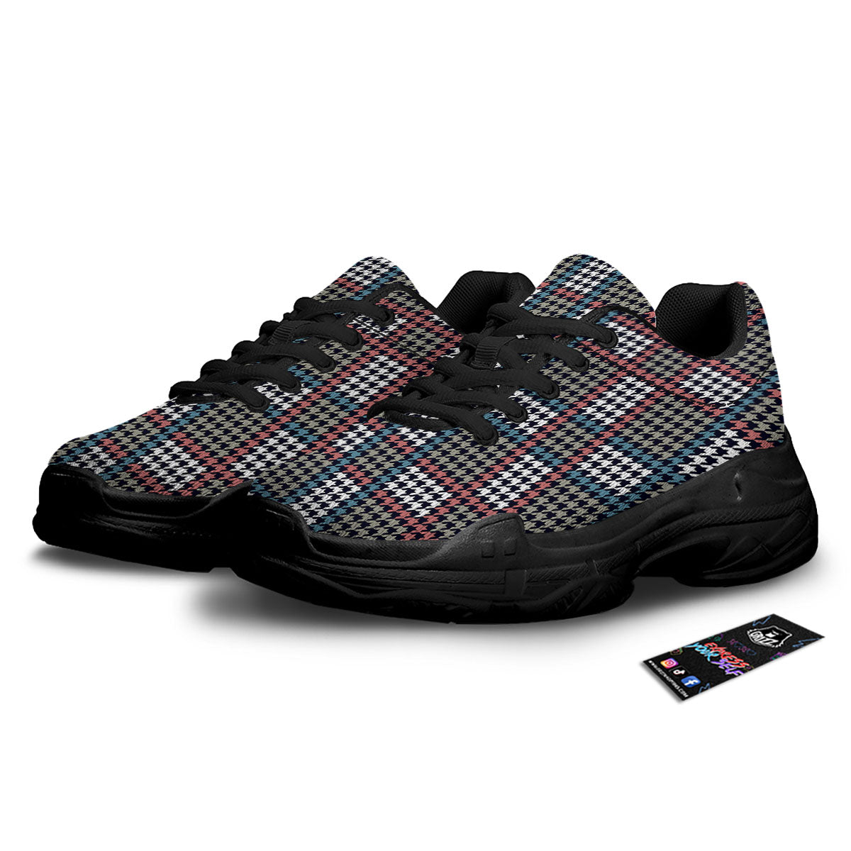 White Houndstooth And Blue Red Print Black Chunky Shoes-grizzshop