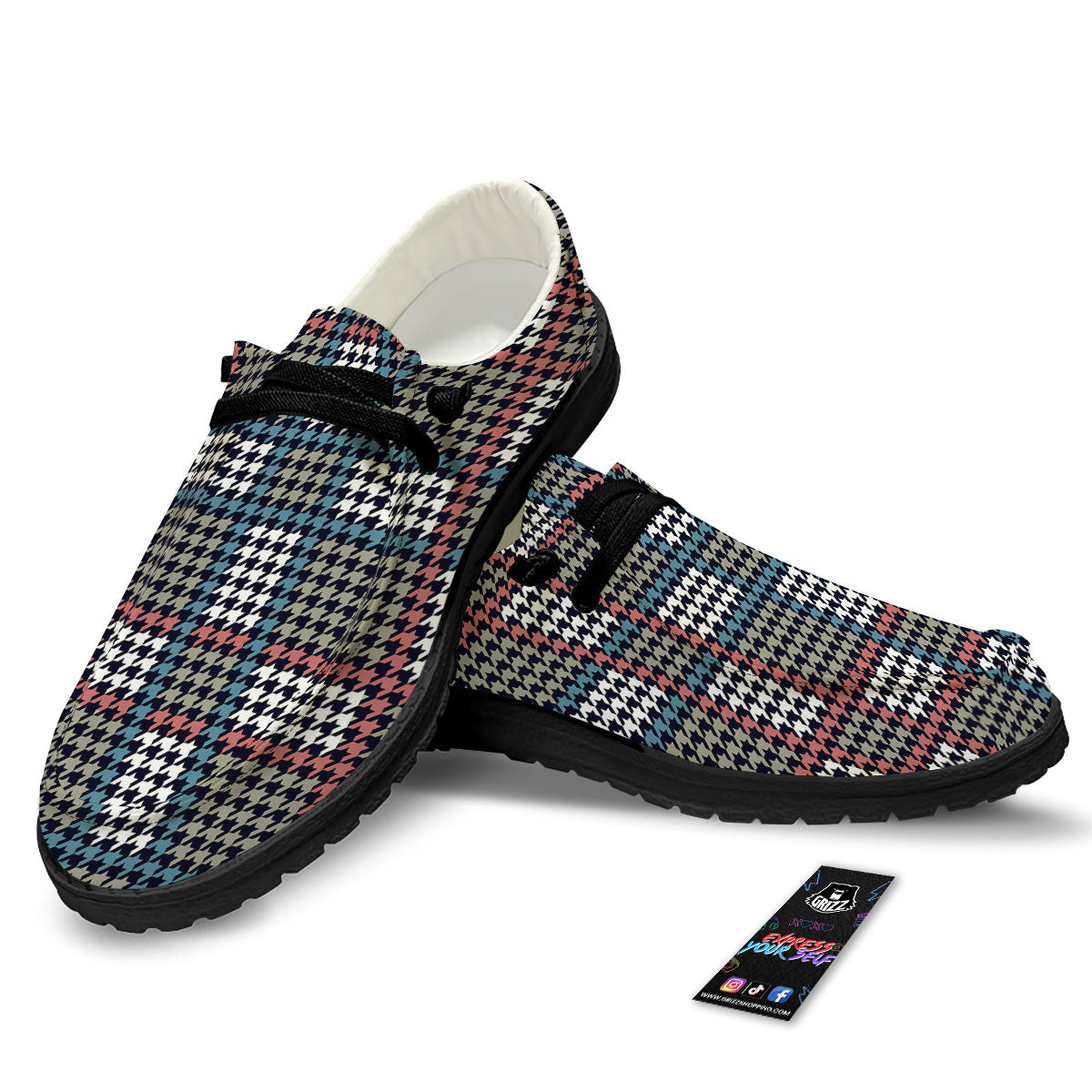White Houndstooth And Blue Red Print Black Loafers-grizzshop