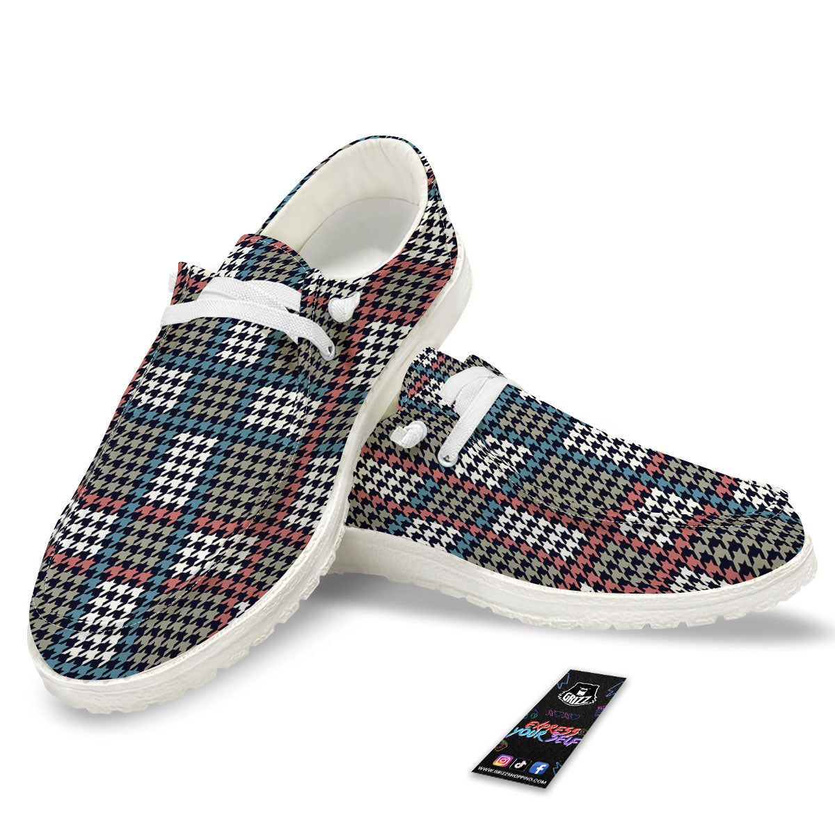 White Houndstooth And Blue Red Print Black Loafers-grizzshop