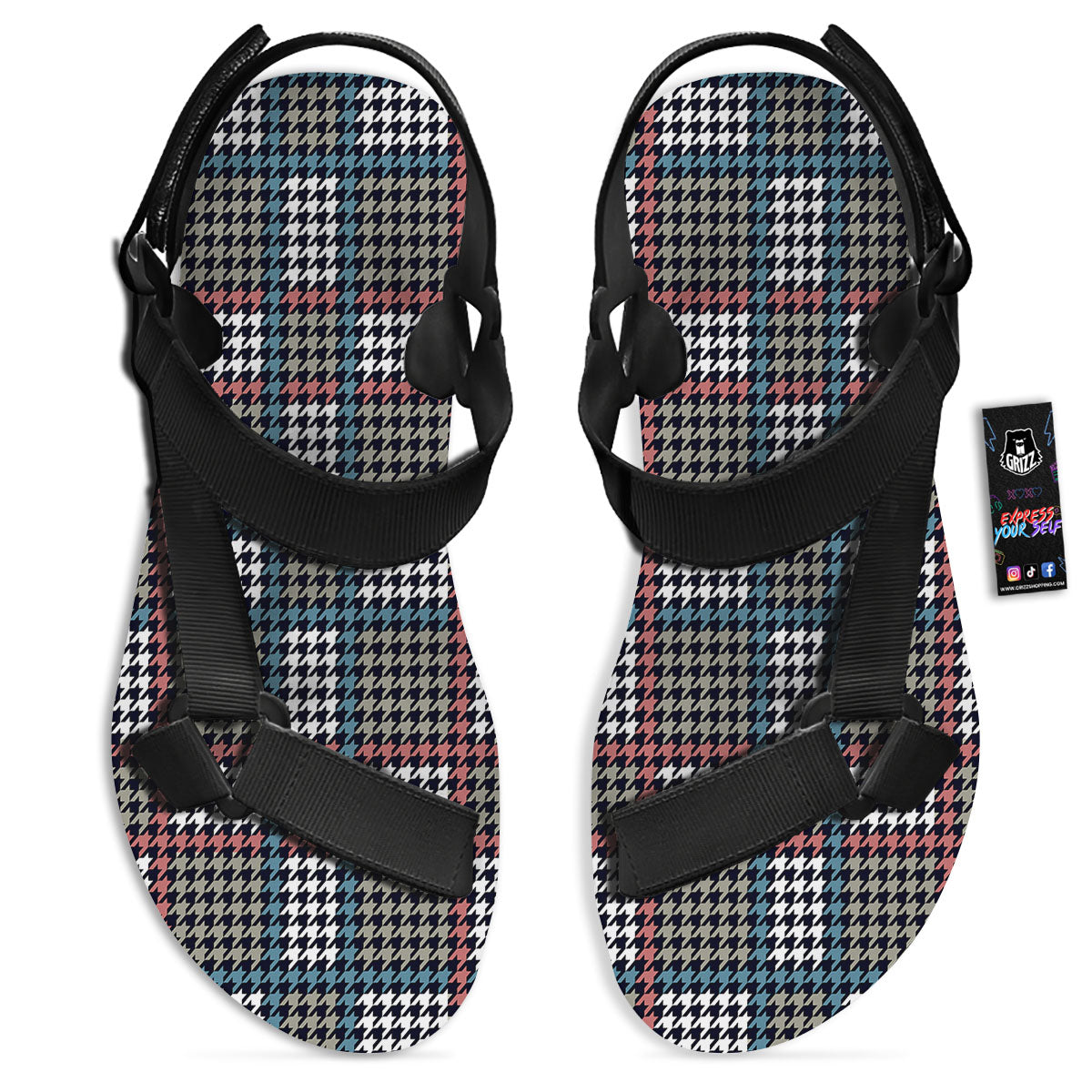 White Houndstooth And Blue Red Print Black Open Toe Sandals-grizzshop