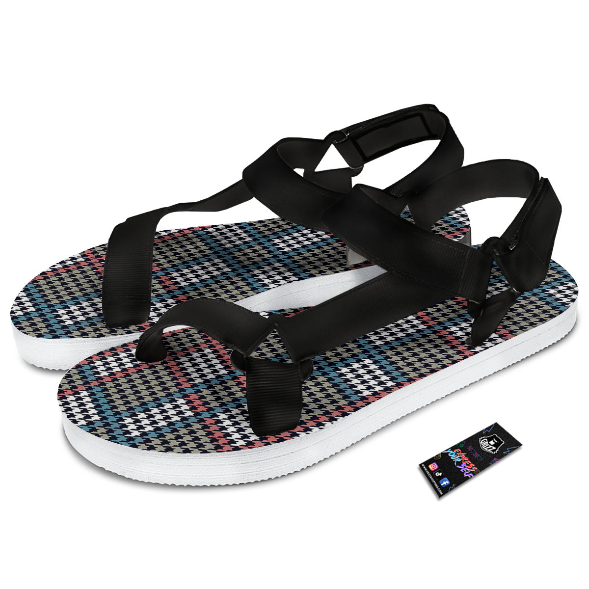 White Houndstooth And Blue Red Print Black Open Toe Sandals-grizzshop
