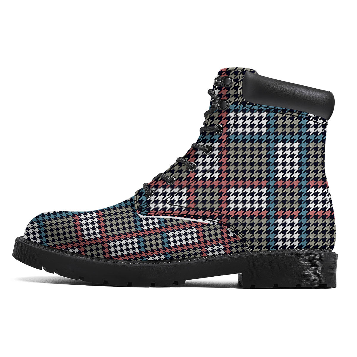 White Houndstooth And Blue Red Print Boots-grizzshop