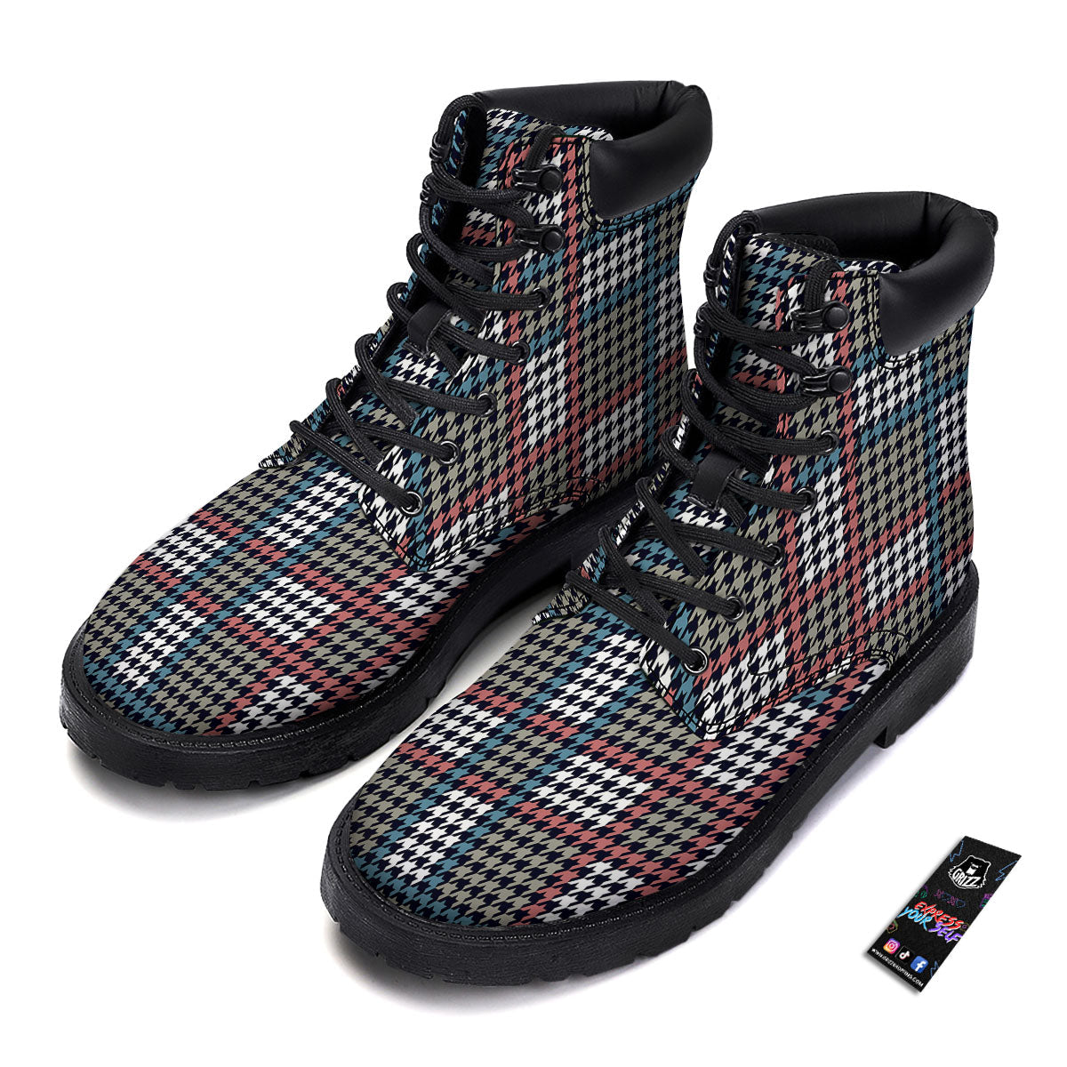 White Houndstooth And Blue Red Print Boots-grizzshop