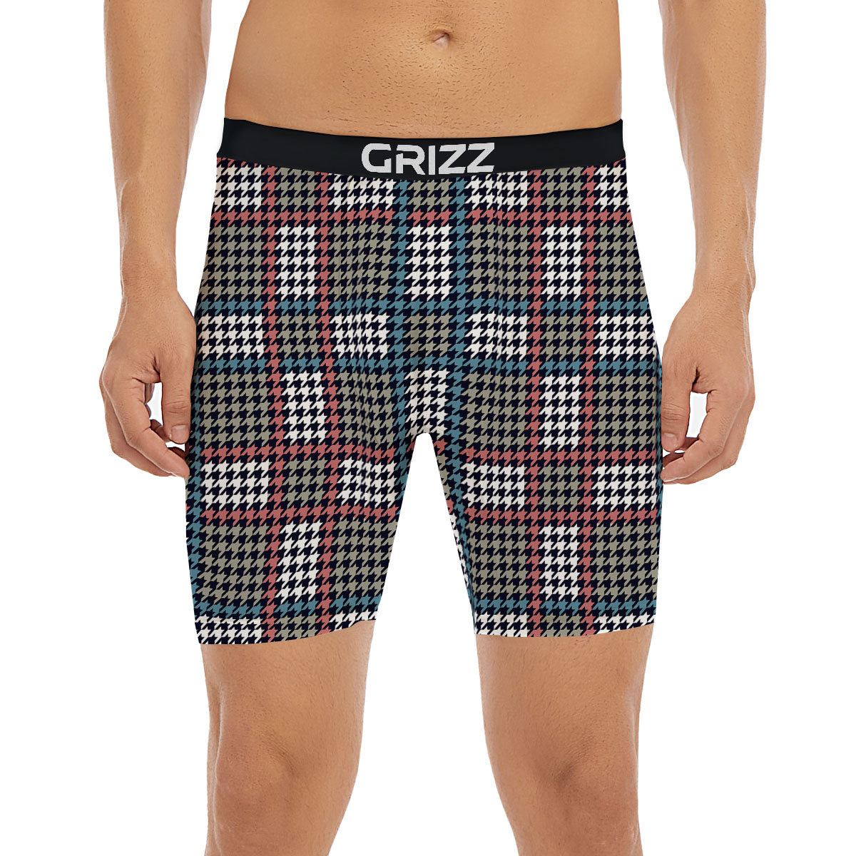 White Houndstooth And Blue Red Print Boxer Briefs-grizzshop