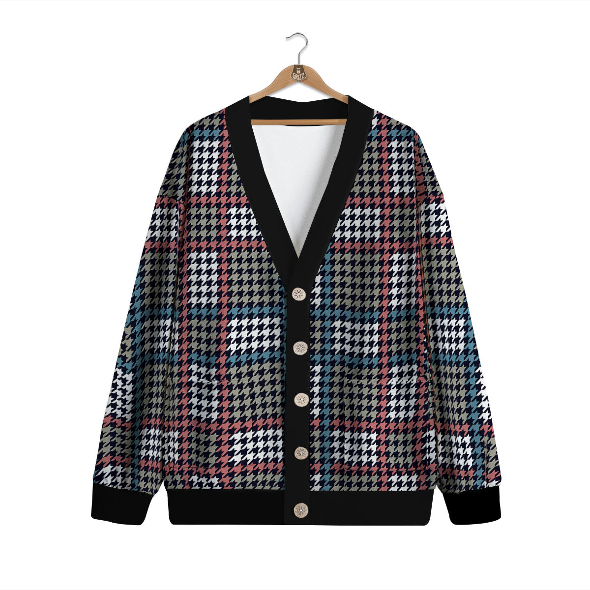 White Houndstooth And Blue Red Print Cardigan-grizzshop