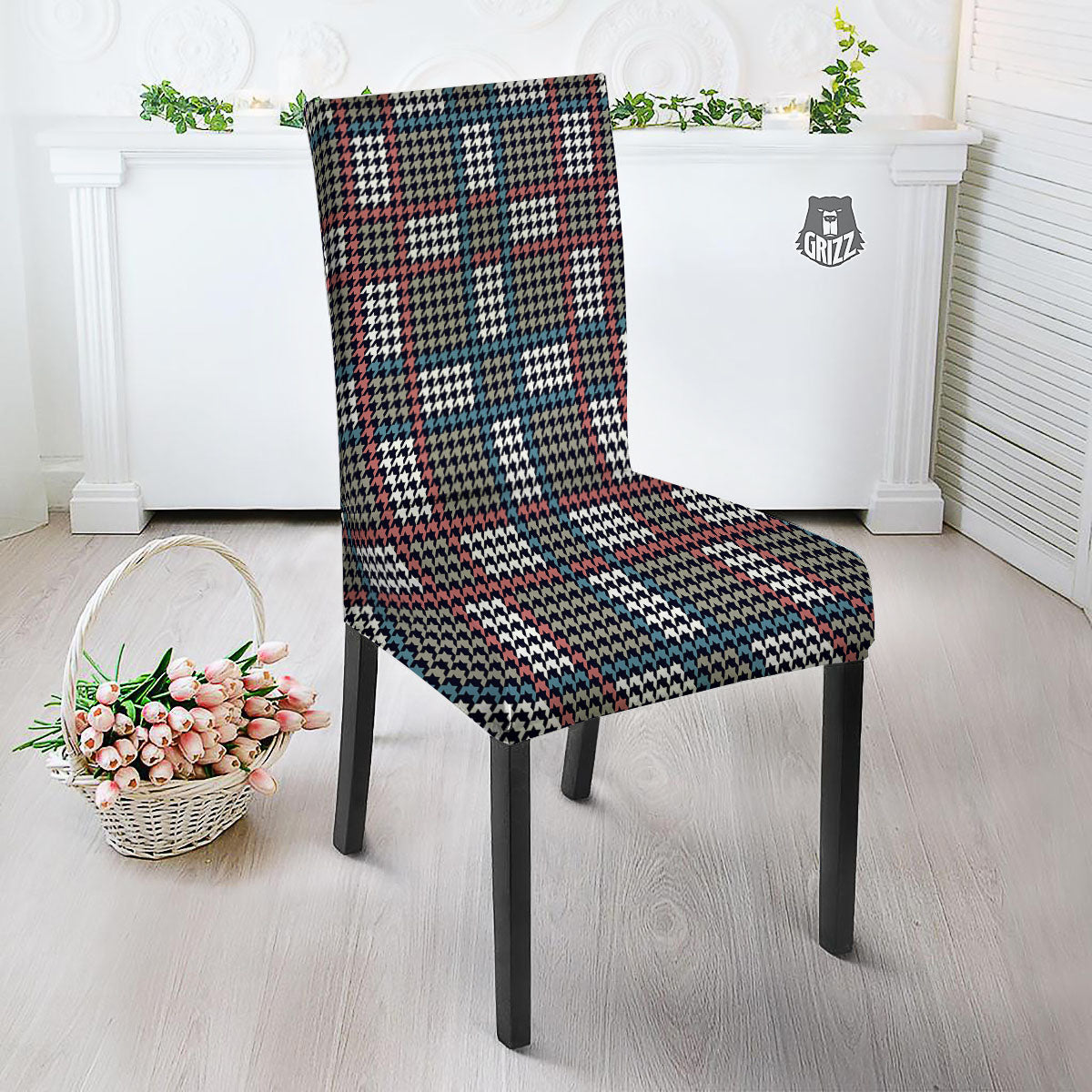 White Houndstooth And Blue Red Print Dining Chair Slipcover-grizzshop