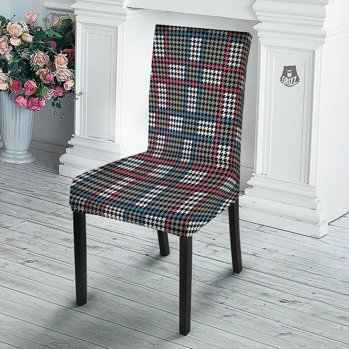 White Houndstooth And Blue Red Print Dining Chair Slipcover-grizzshop