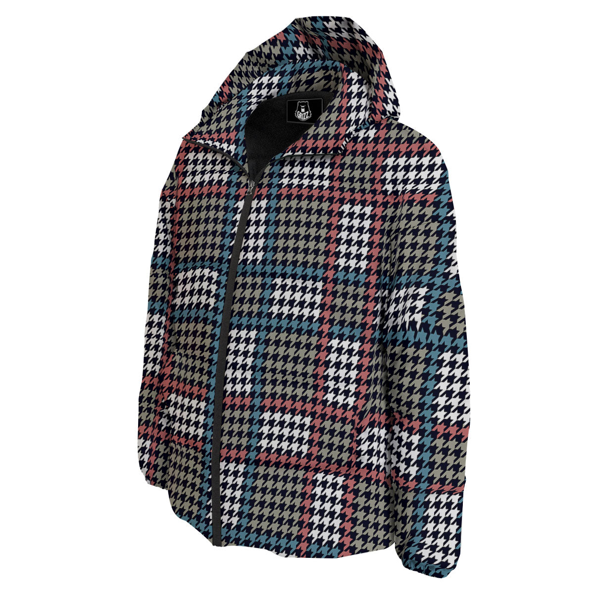 White Houndstooth And Blue Red Print Down Jacket-grizzshop