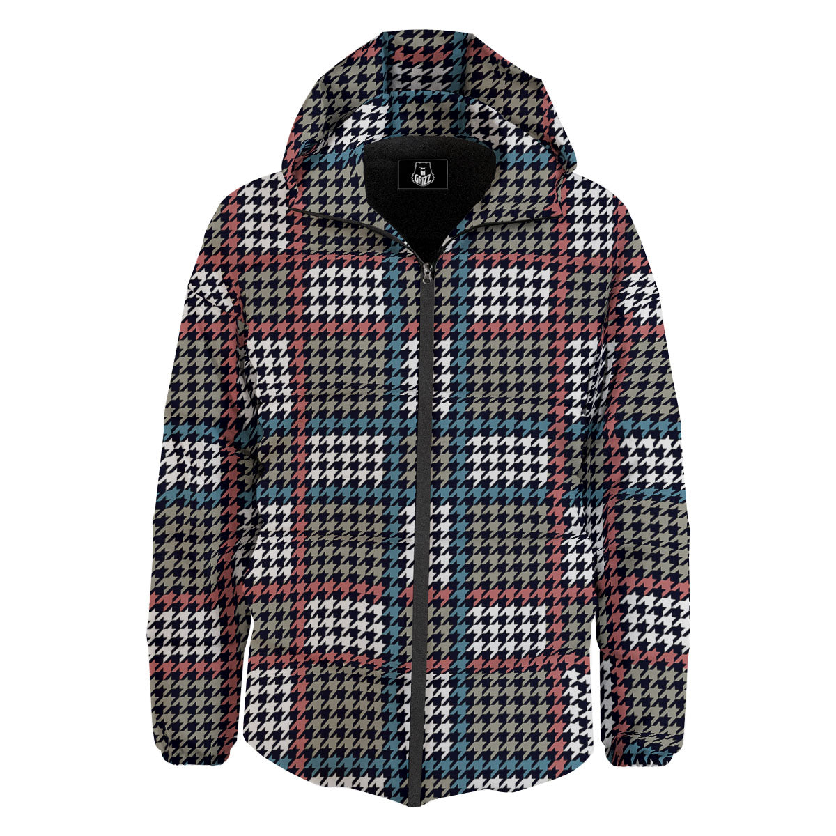 White Houndstooth And Blue Red Print Down Jacket-grizzshop
