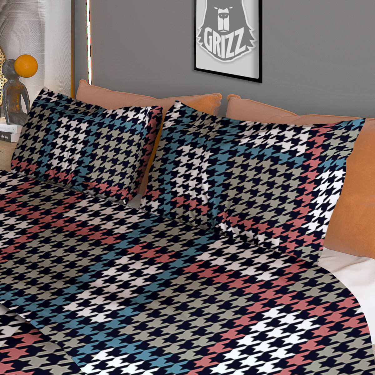White Houndstooth And Blue Red Print Duvet Cover Bedding Set