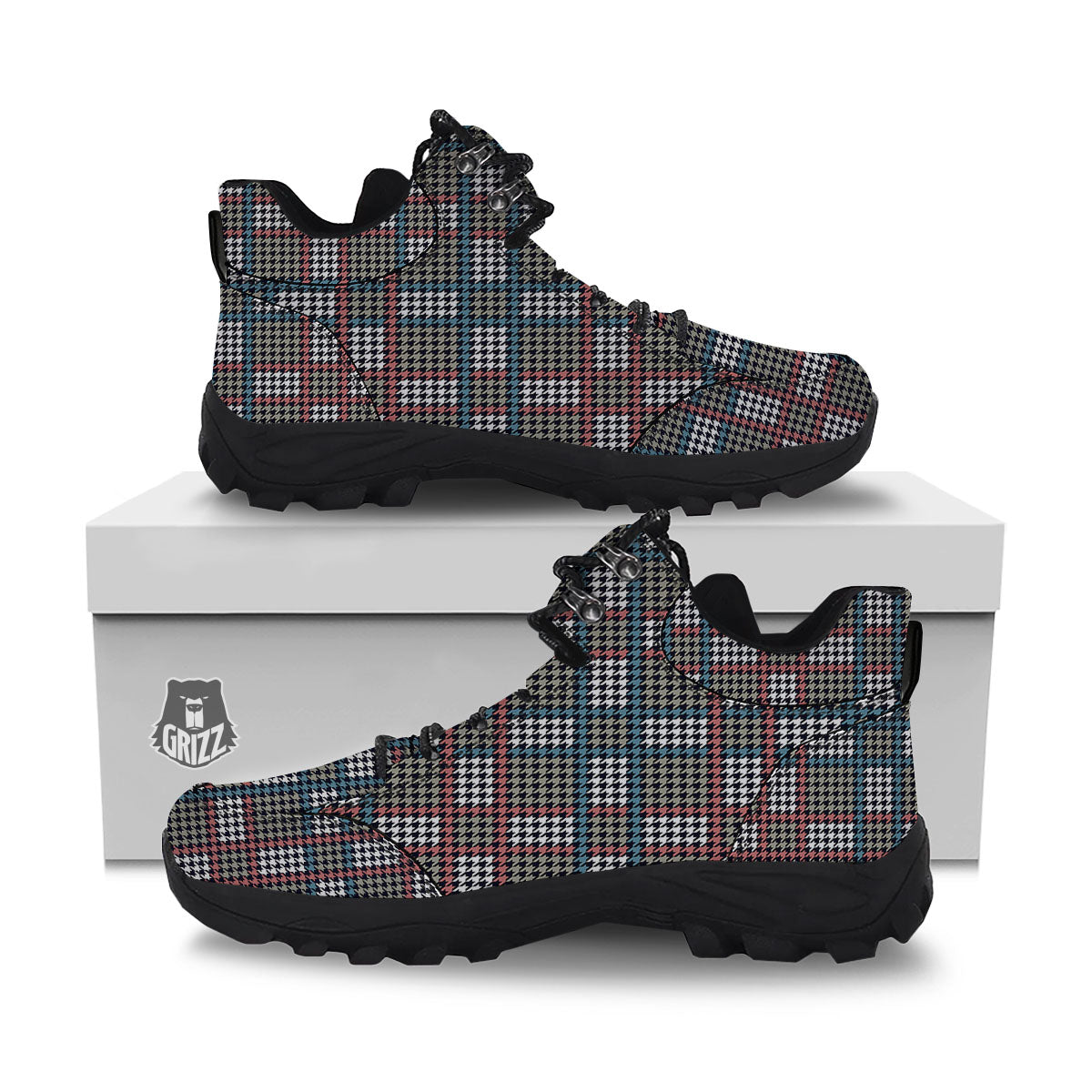 White Houndstooth And Blue Red Print Hiking Shoes-grizzshop