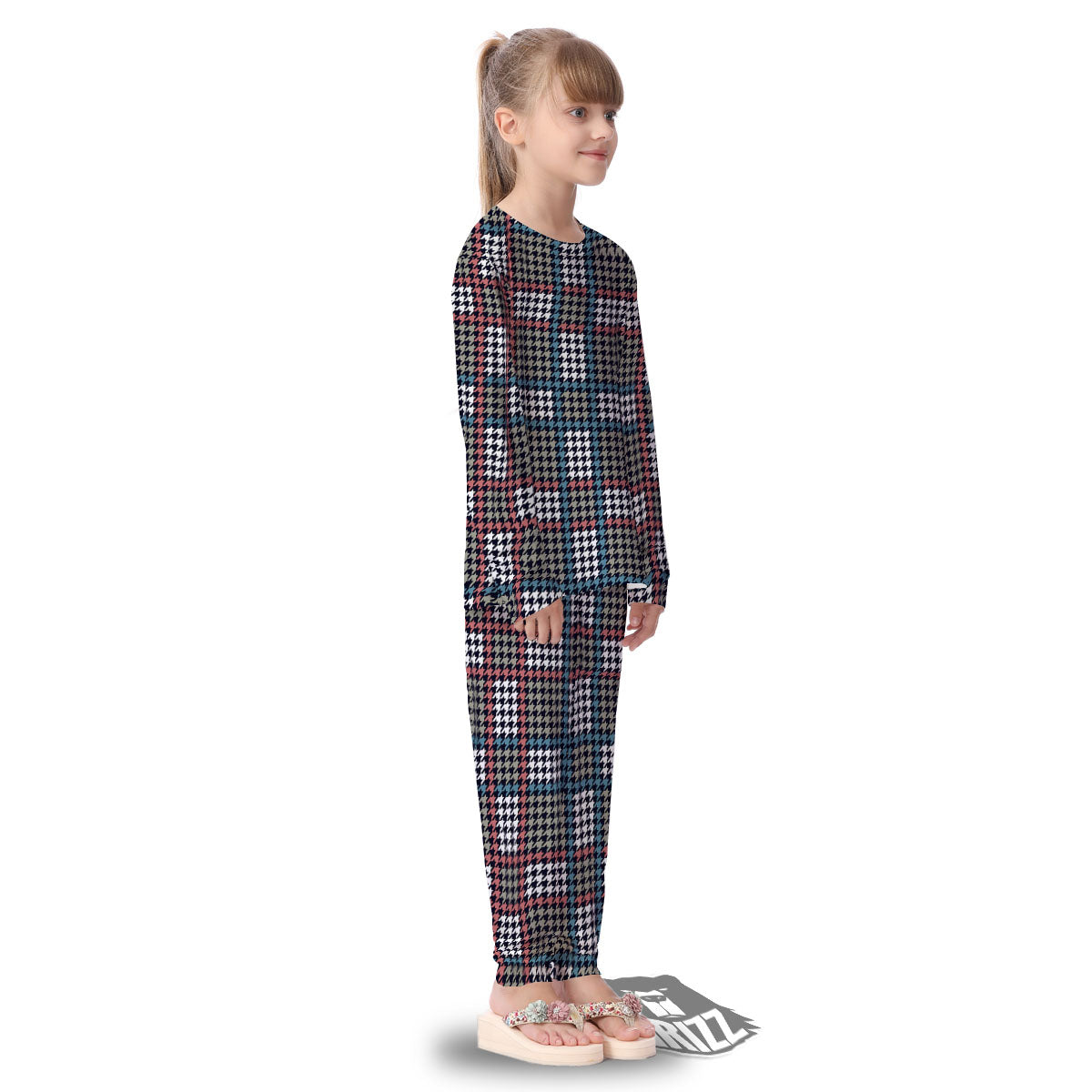 White Houndstooth And Blue Red Print Kid's Pajamas-grizzshop