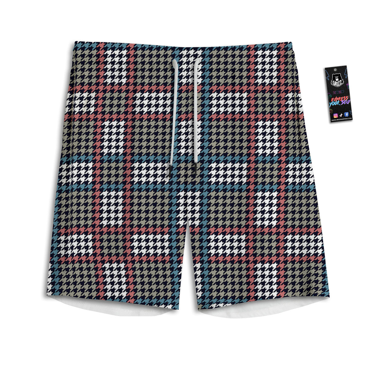 White Houndstooth And Blue Red Print Men's Athletic Shorts