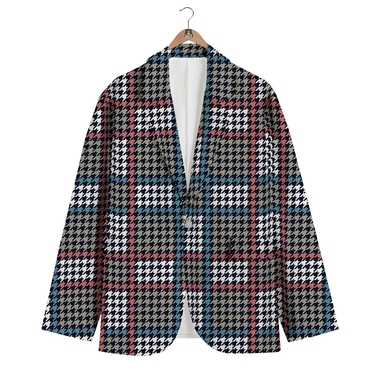 White Houndstooth And Blue Red Print Men's Blazer-grizzshop