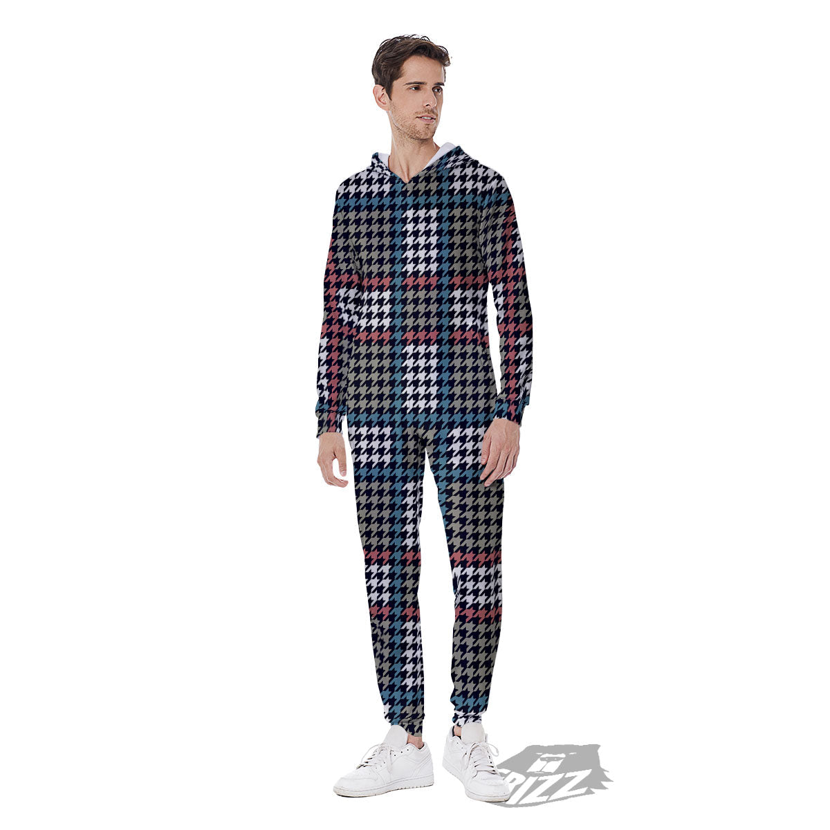 White Houndstooth And Blue Red Print Men's Jumpsuit-grizzshop