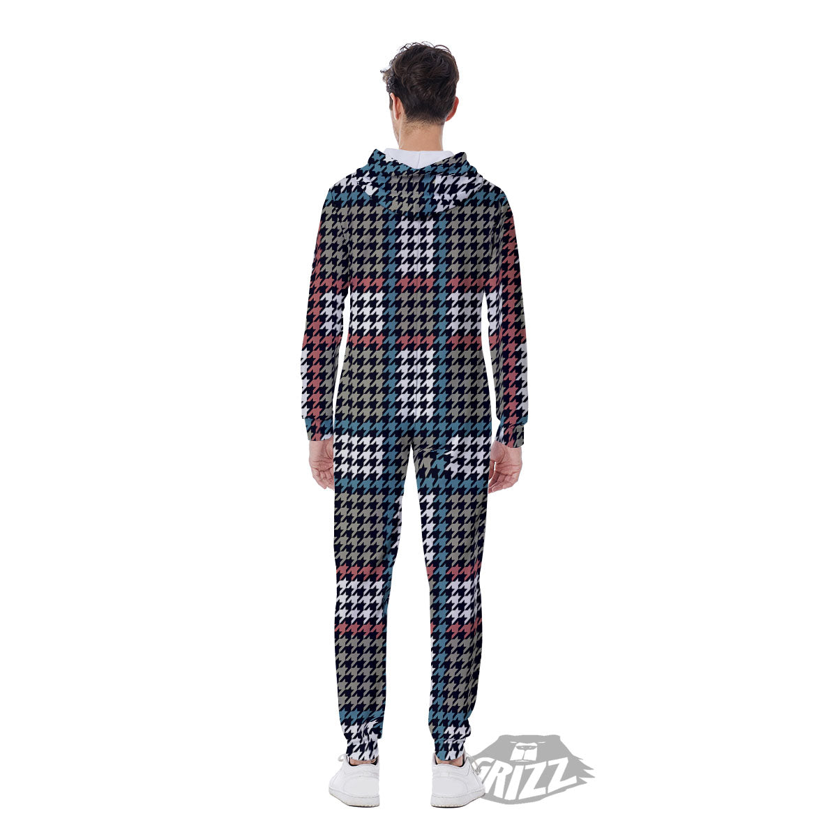White Houndstooth And Blue Red Print Men's Jumpsuit-grizzshop