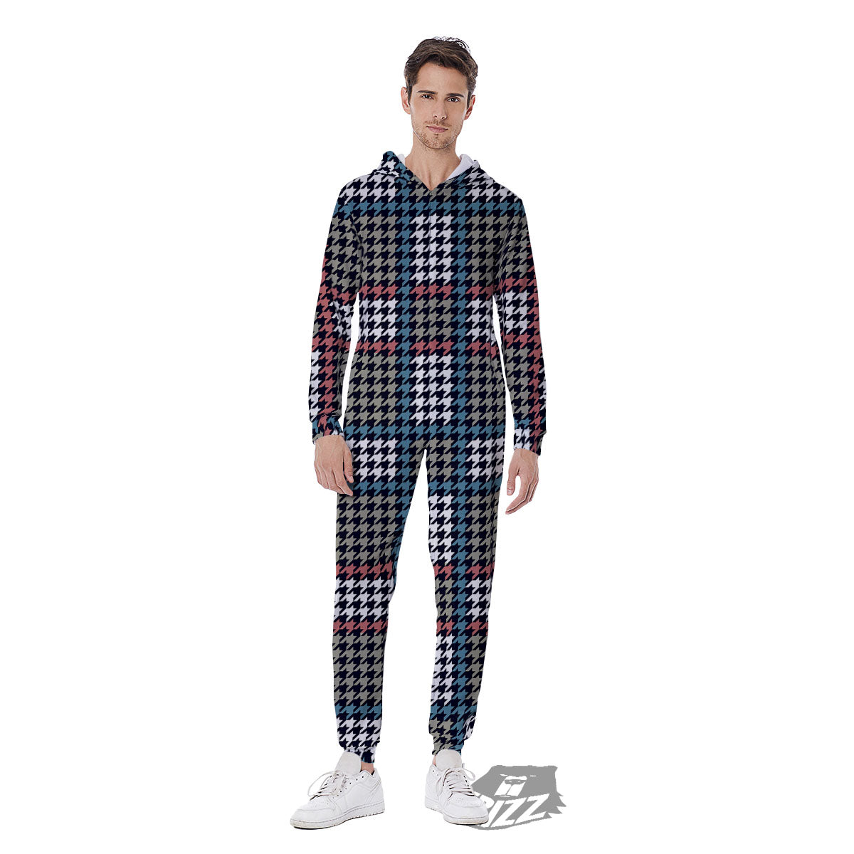 White Houndstooth And Blue Red Print Men's Jumpsuit-grizzshop