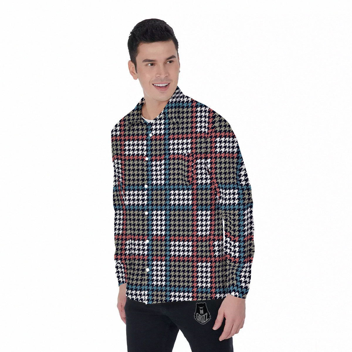 White Houndstooth And Blue Red Print Men's Long Sleeve Shirts-grizzshop