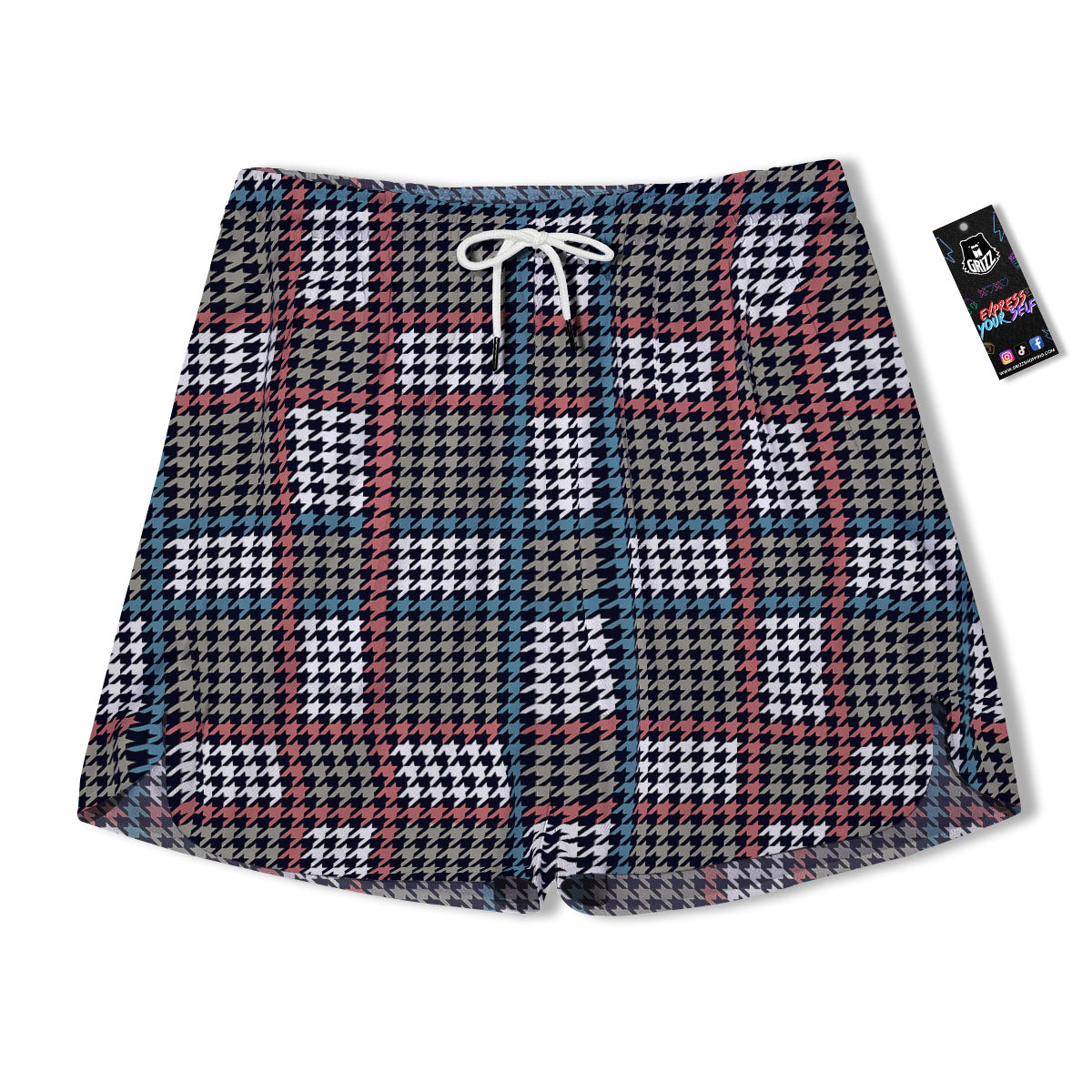 White Houndstooth And Blue Red Print Men's Running Shorts-grizzshop