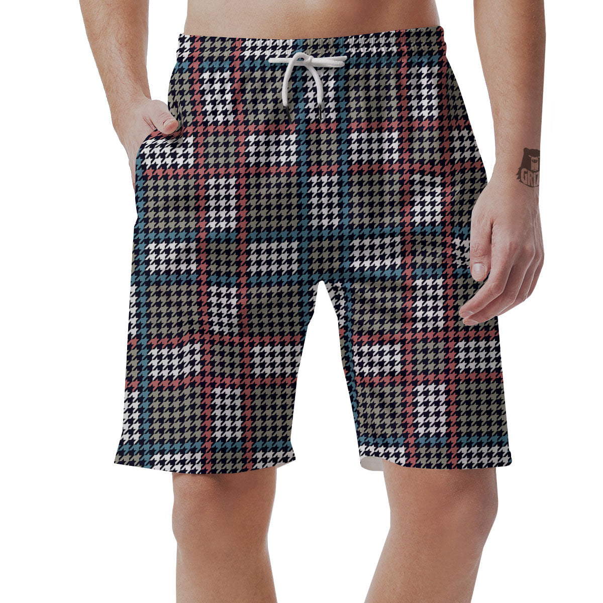 White Houndstooth And Blue Red Print Men's Shorts-grizzshop