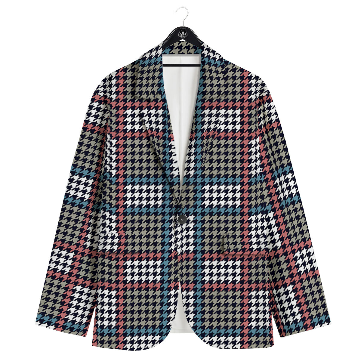 White Houndstooth And Blue Red Print Men's Sport Coat-grizzshop