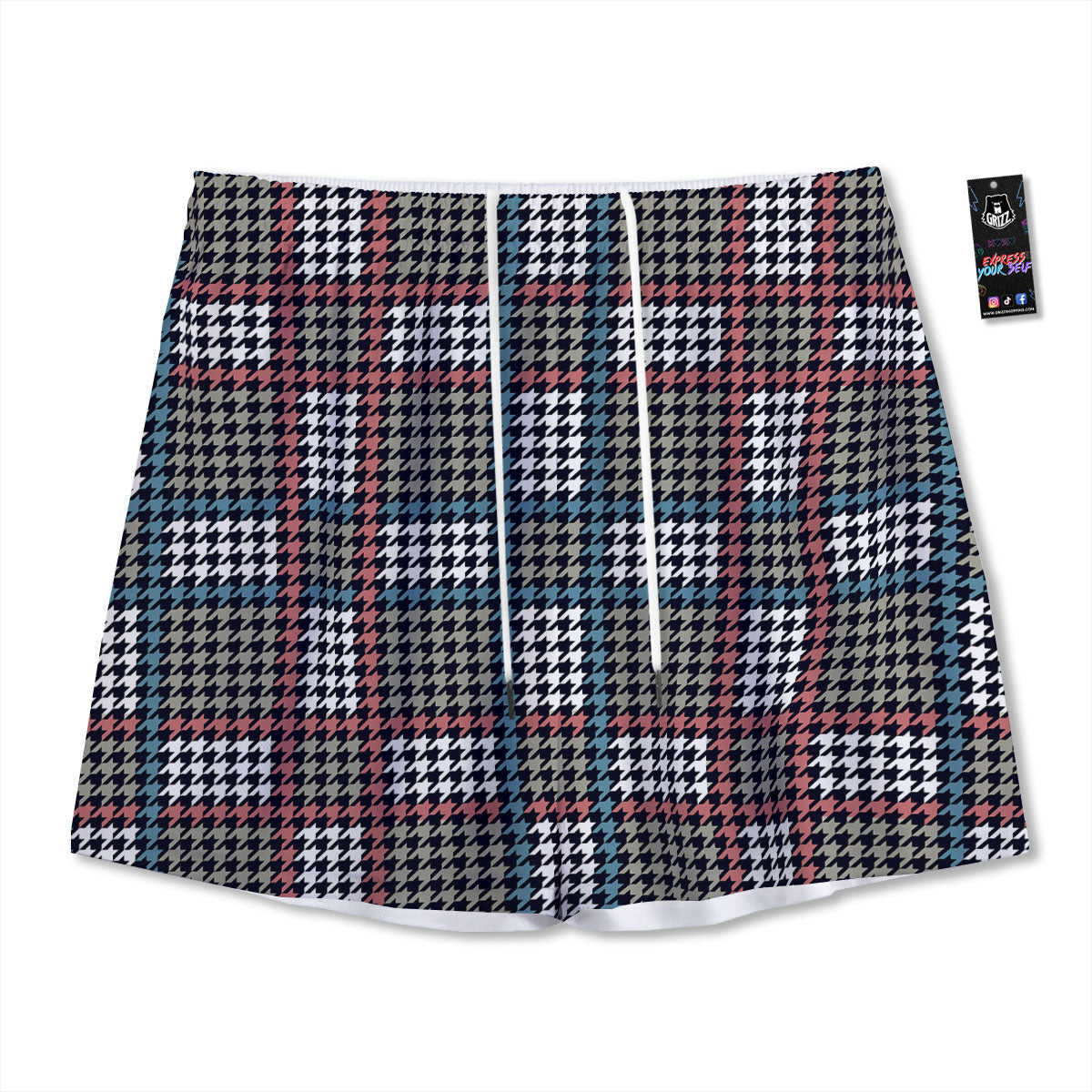 White Houndstooth And Blue Red Print Mesh Shorts