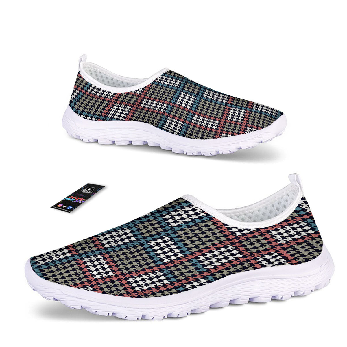 White Houndstooth And Blue Red Print Nurse Shoes-grizzshop