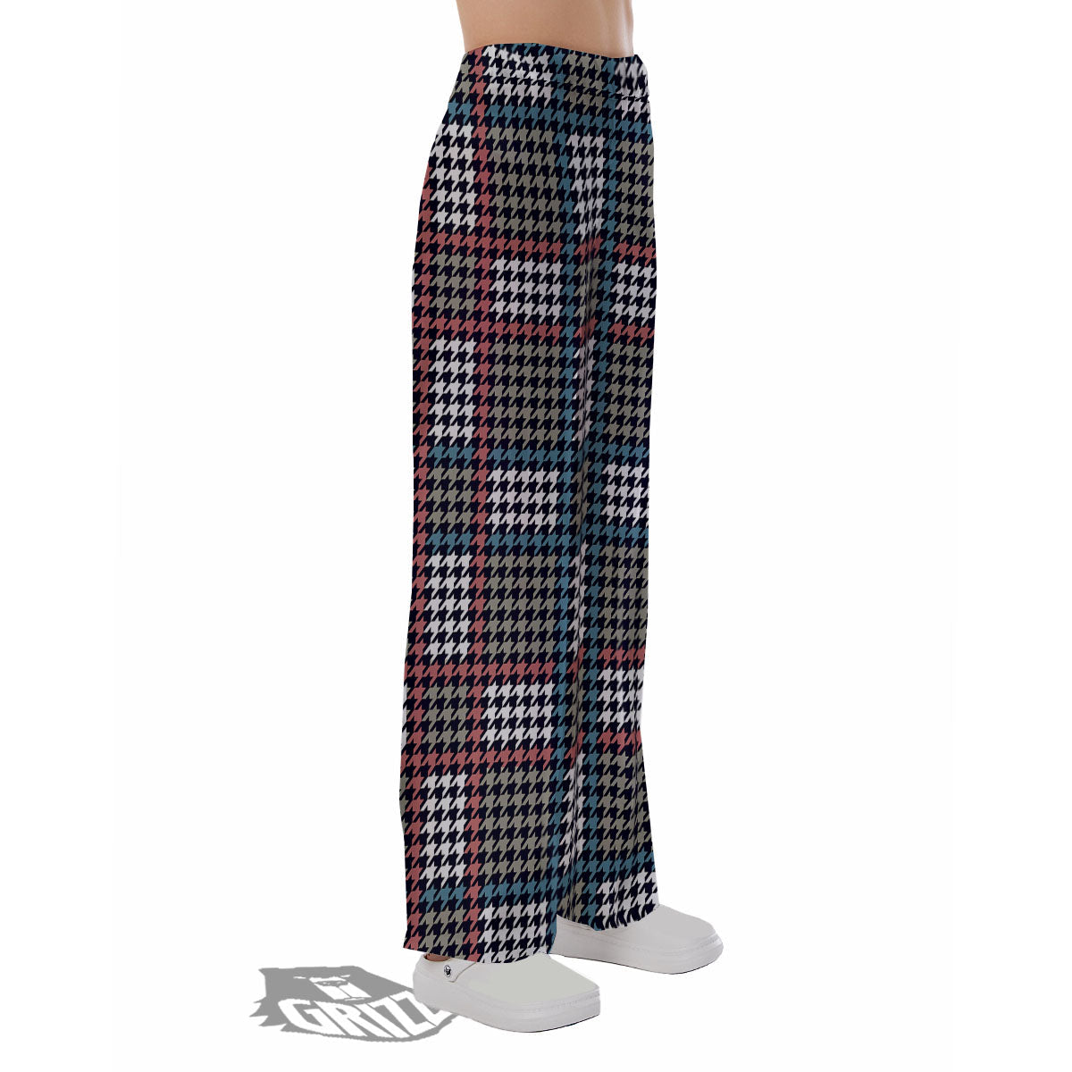 White Houndstooth And Blue Red Print Pajama Pants-grizzshop