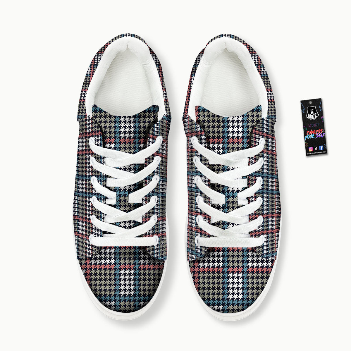 White Houndstooth And Blue Red Print Platform Shoes-grizzshop