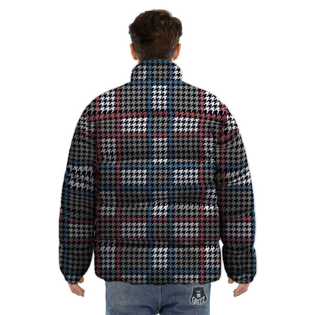 White Houndstooth And Blue Red Print Puffer Jacket-grizzshop