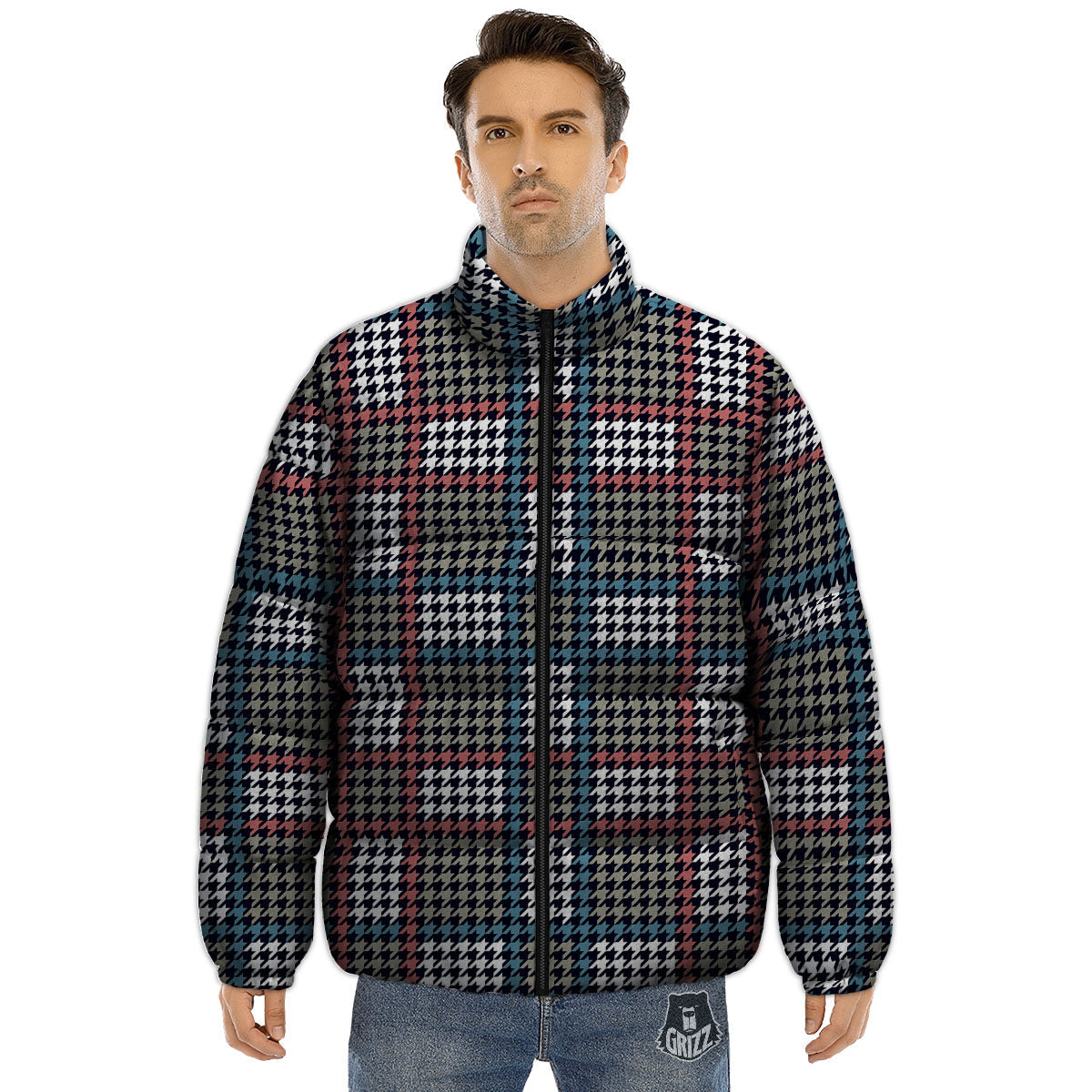 White Houndstooth And Blue Red Print Puffer Jacket-grizzshop