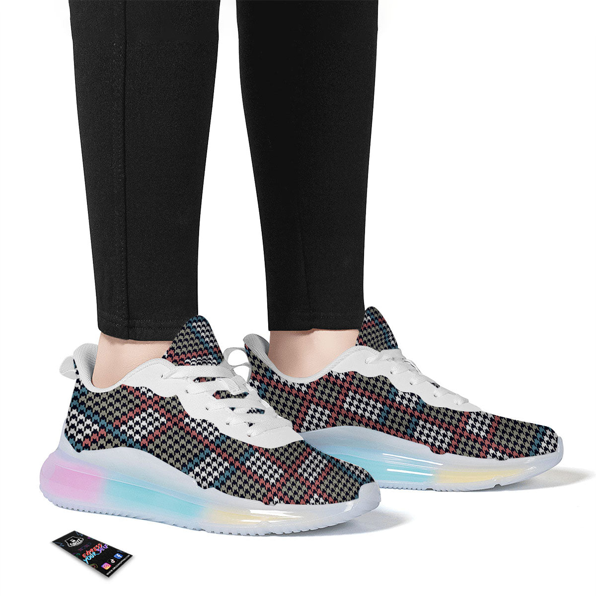 White Houndstooth And Blue Red Print Running Sneakers-grizzshop