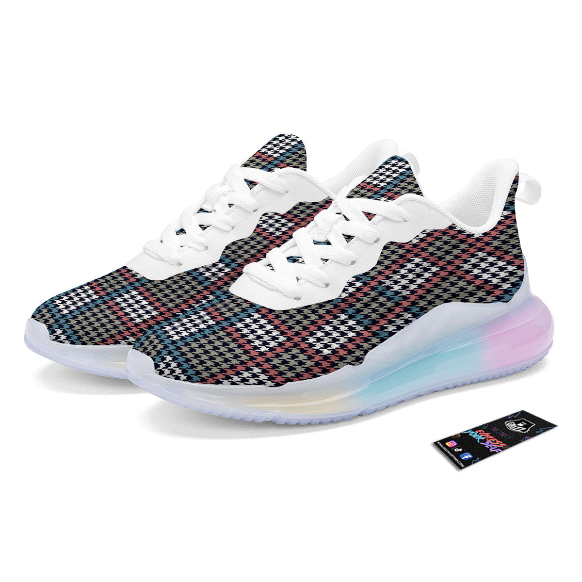 White Houndstooth And Blue Red Print Running Sneakers-grizzshop