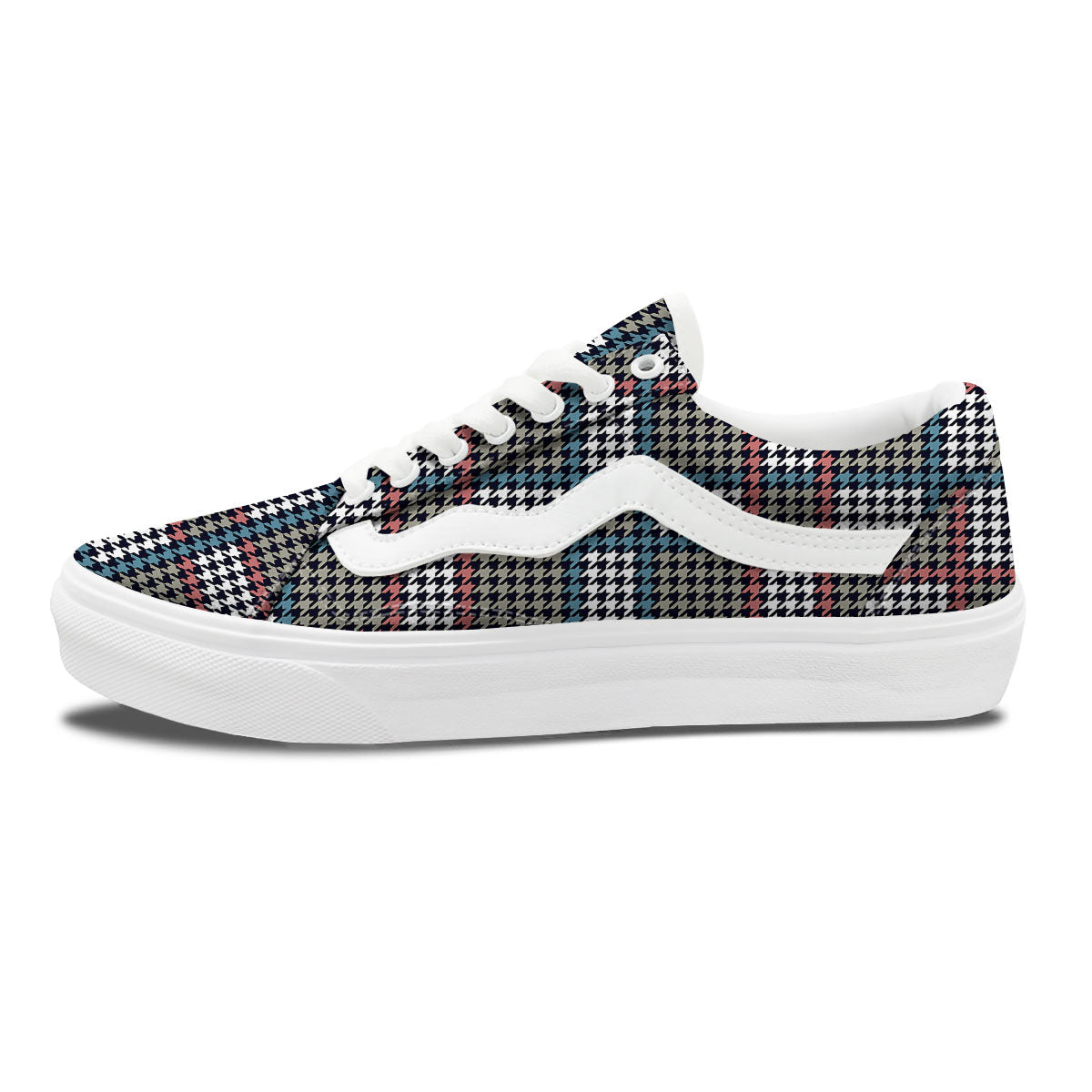 White Houndstooth And Blue Red Print Skate Shoes-grizzshop