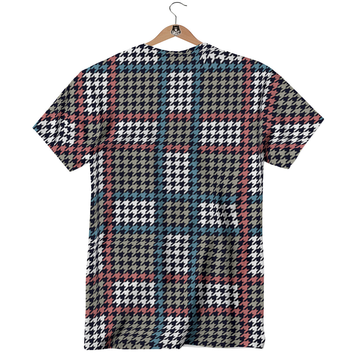 White Houndstooth And Blue Red Print T-Shirt-grizzshop