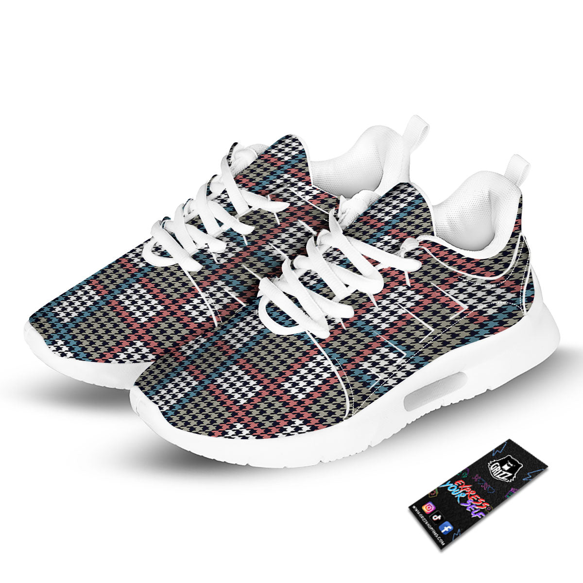 White Houndstooth And Blue Red Print Tennis Shoes-grizzshop