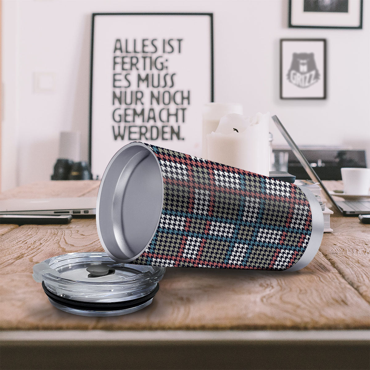 White Houndstooth And Blue Red Print Tumbler-grizzshop