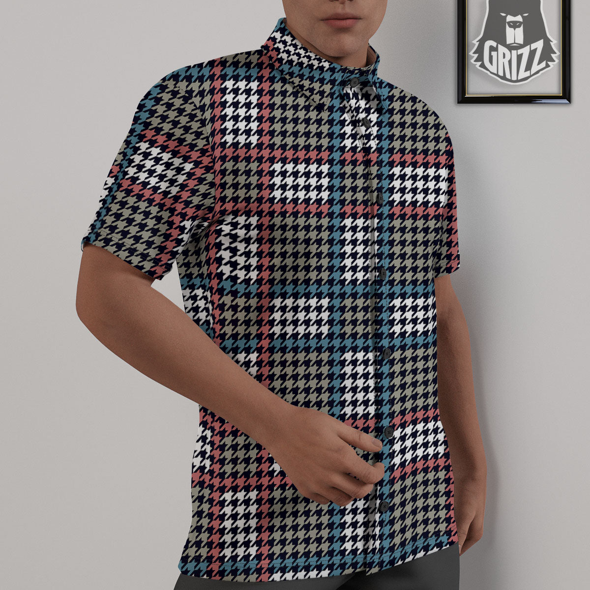 White Houndstooth And Blue Red Print Untucked Shirts-grizzshop