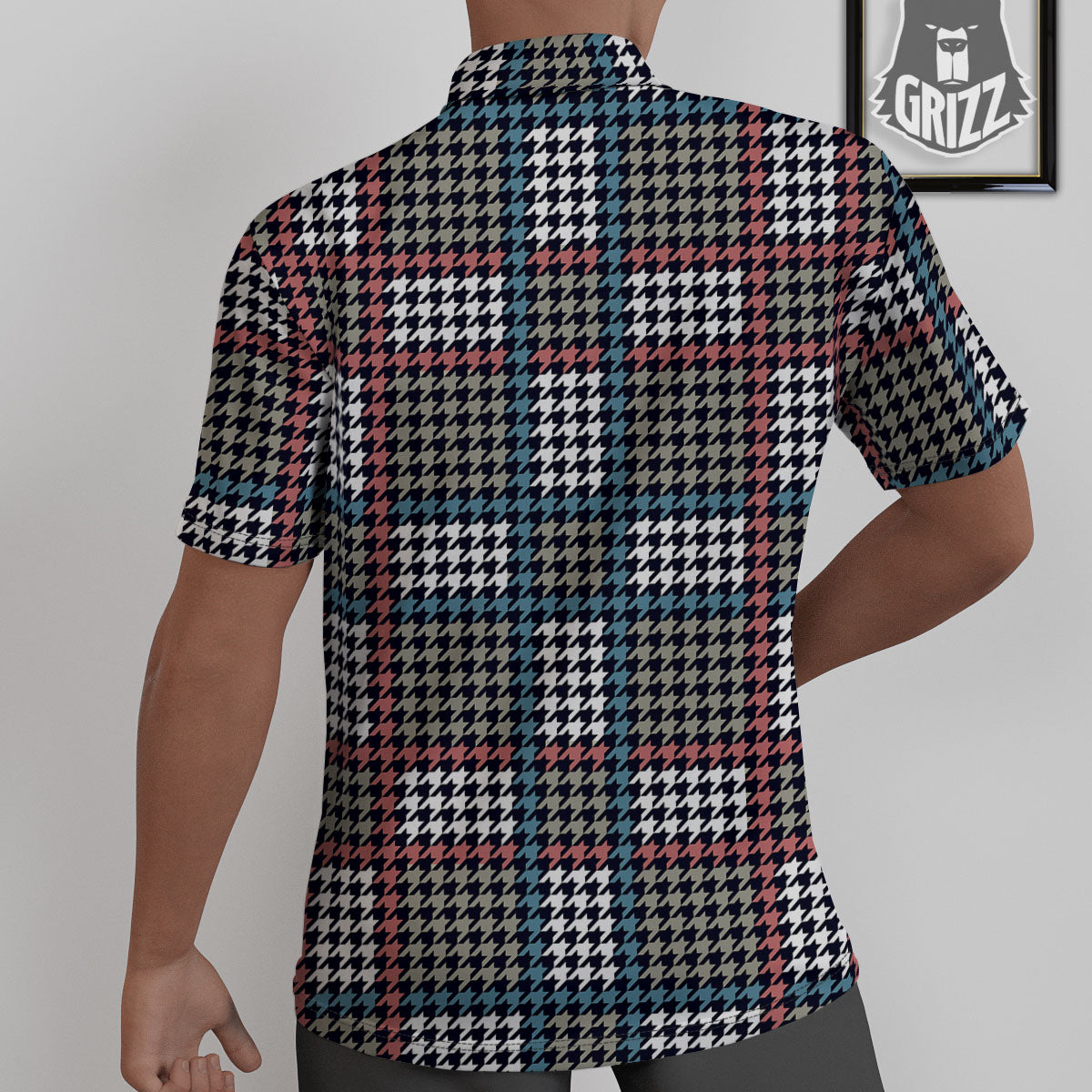 White Houndstooth And Blue Red Print Untucked Shirts-grizzshop