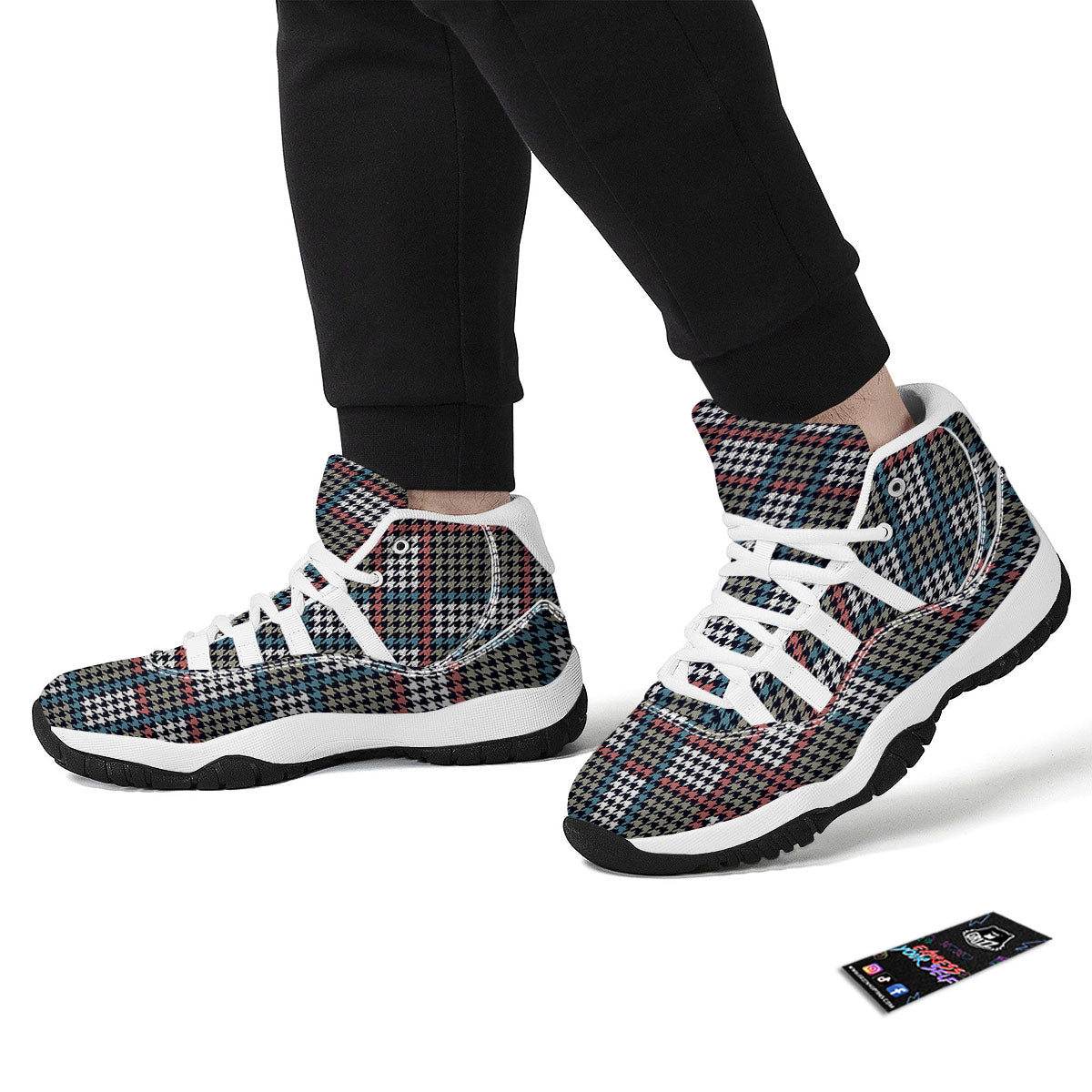 White Houndstooth And Blue Red Print White Bball Shoes-grizzshop