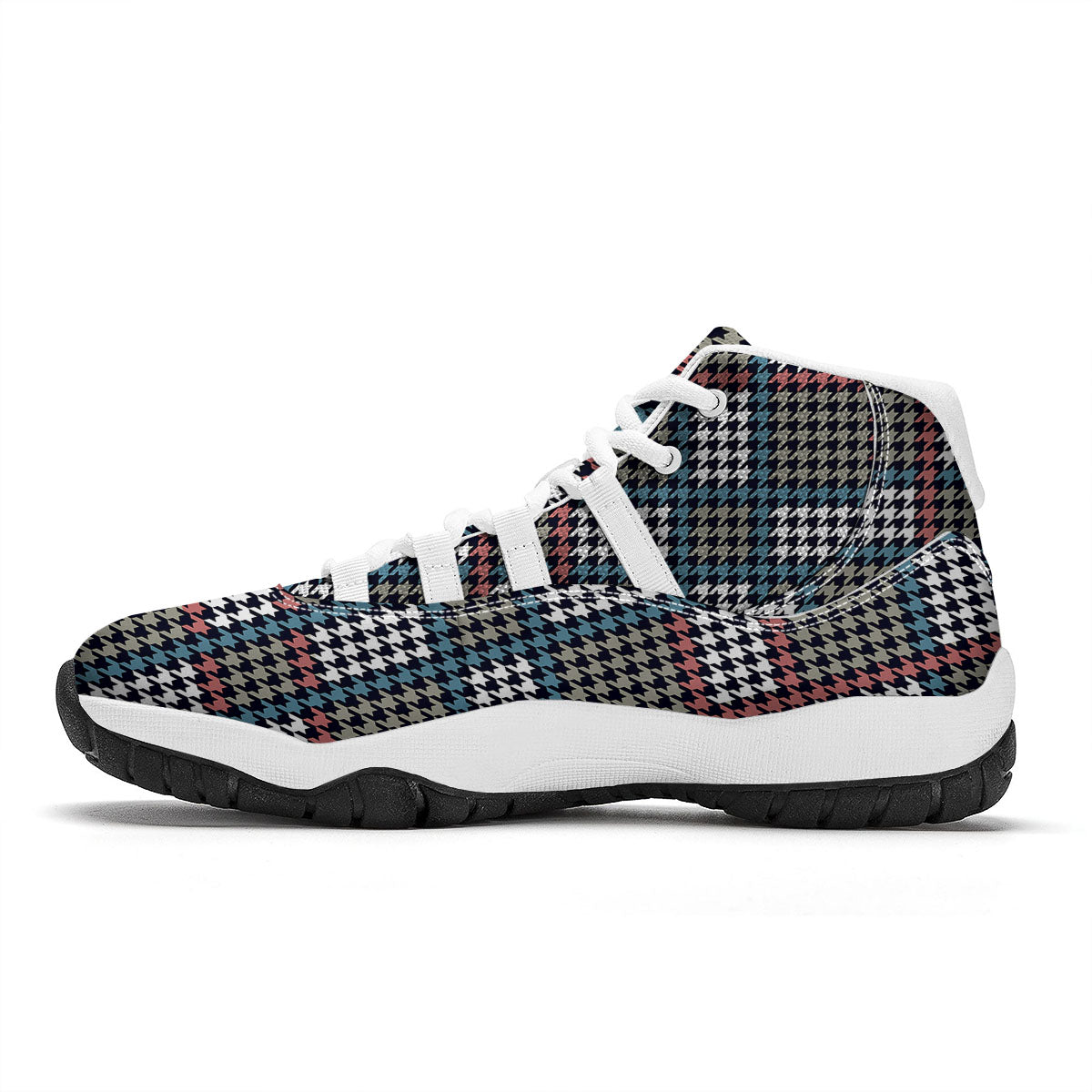 White Houndstooth And Blue Red Print White Bball Shoes-grizzshop