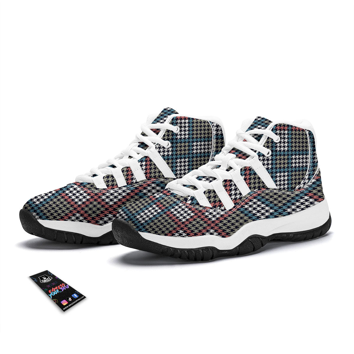 White Houndstooth And Blue Red Print White Bball Shoes-grizzshop