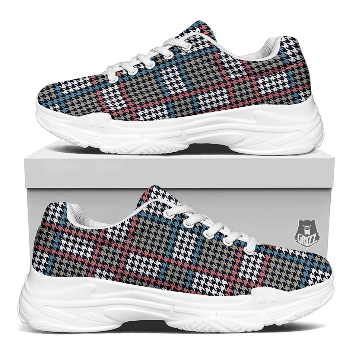 White Houndstooth And Blue Red Print White Chunky Shoes-grizzshop