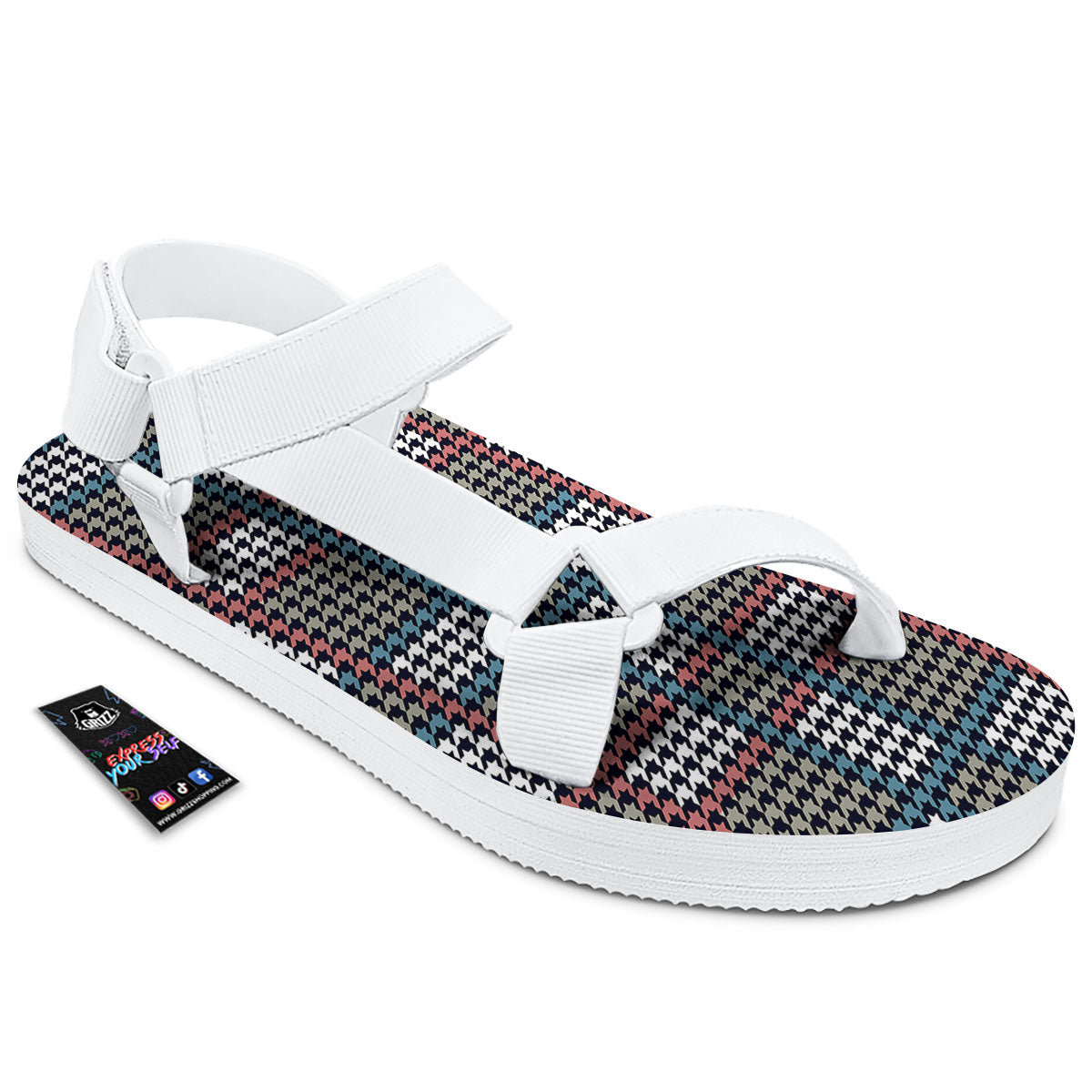 White Houndstooth And Blue Red Print White Open Toe Sandals-grizzshop
