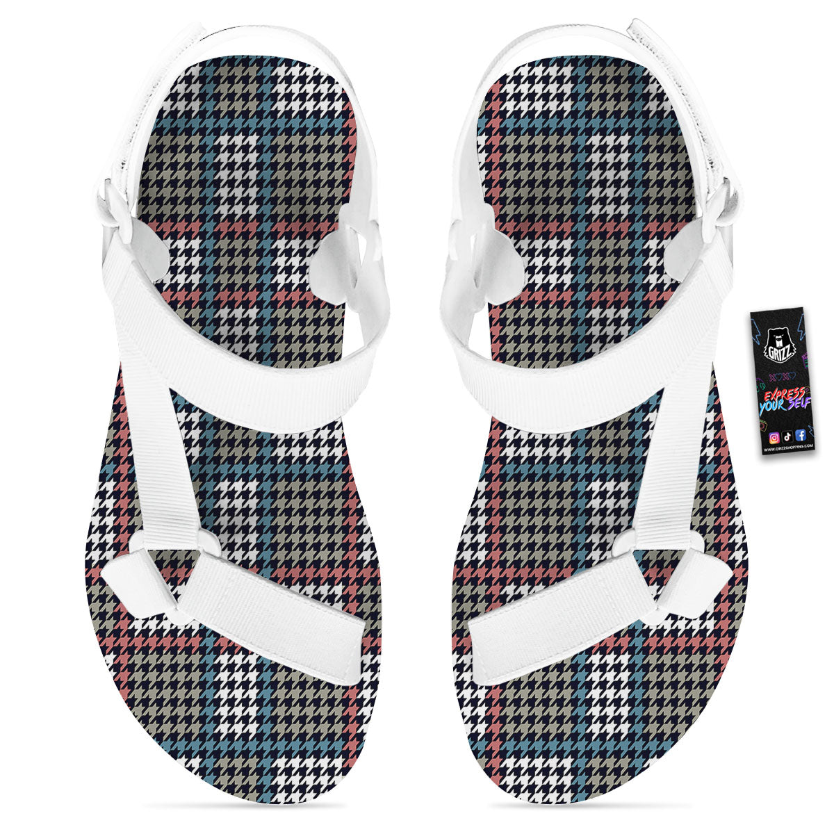 White Houndstooth And Blue Red Print White Open Toe Sandals-grizzshop