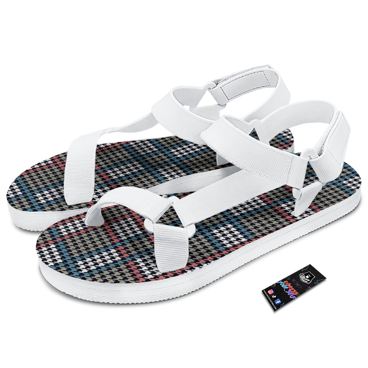 White Houndstooth And Blue Red Print White Open Toe Sandals-grizzshop