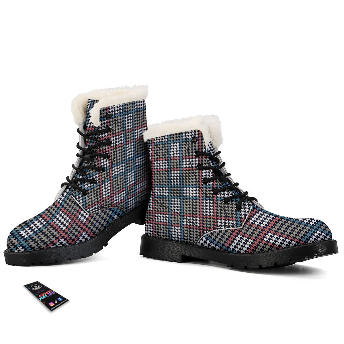 White Houndstooth And Blue Red Print Winter Boots-grizzshop