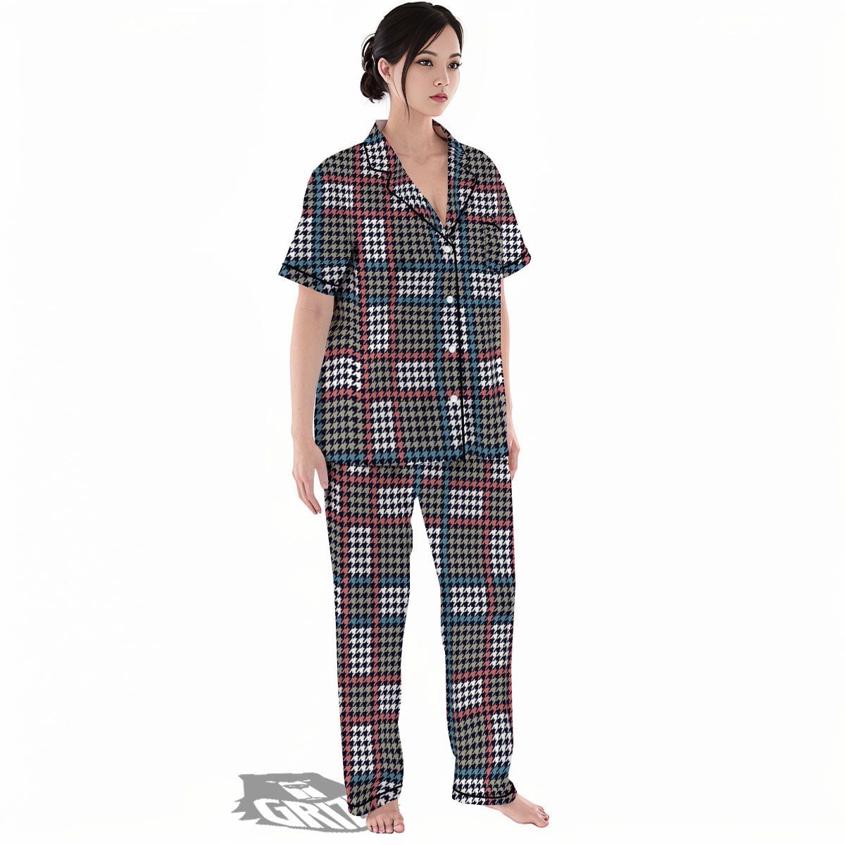 White Houndstooth And Blue Red Print Women's Pajamas Set-grizzshop