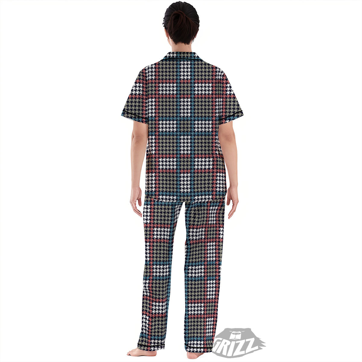 White Houndstooth And Blue Red Print Women's Pajamas Set-grizzshop